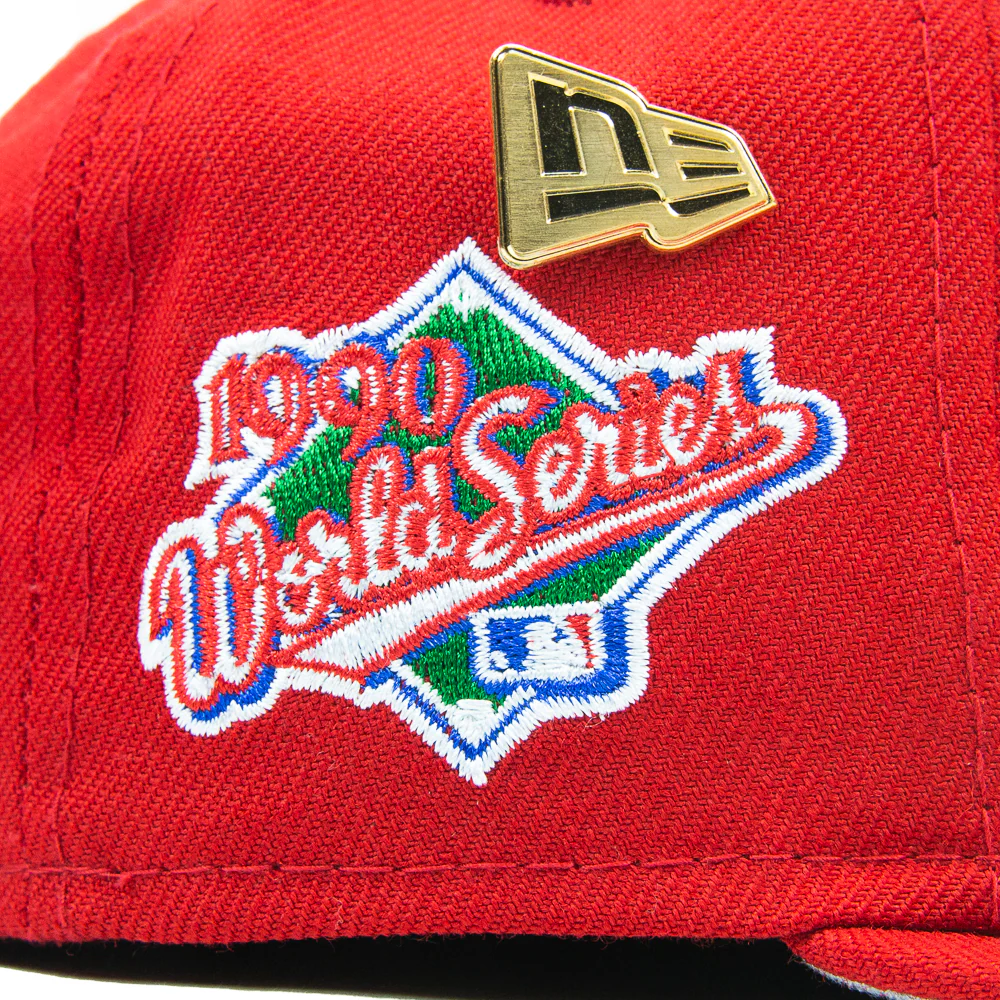 Cincinnati Reds 1990 World Series Logo History Fitted Cap (Red) - Image 3
